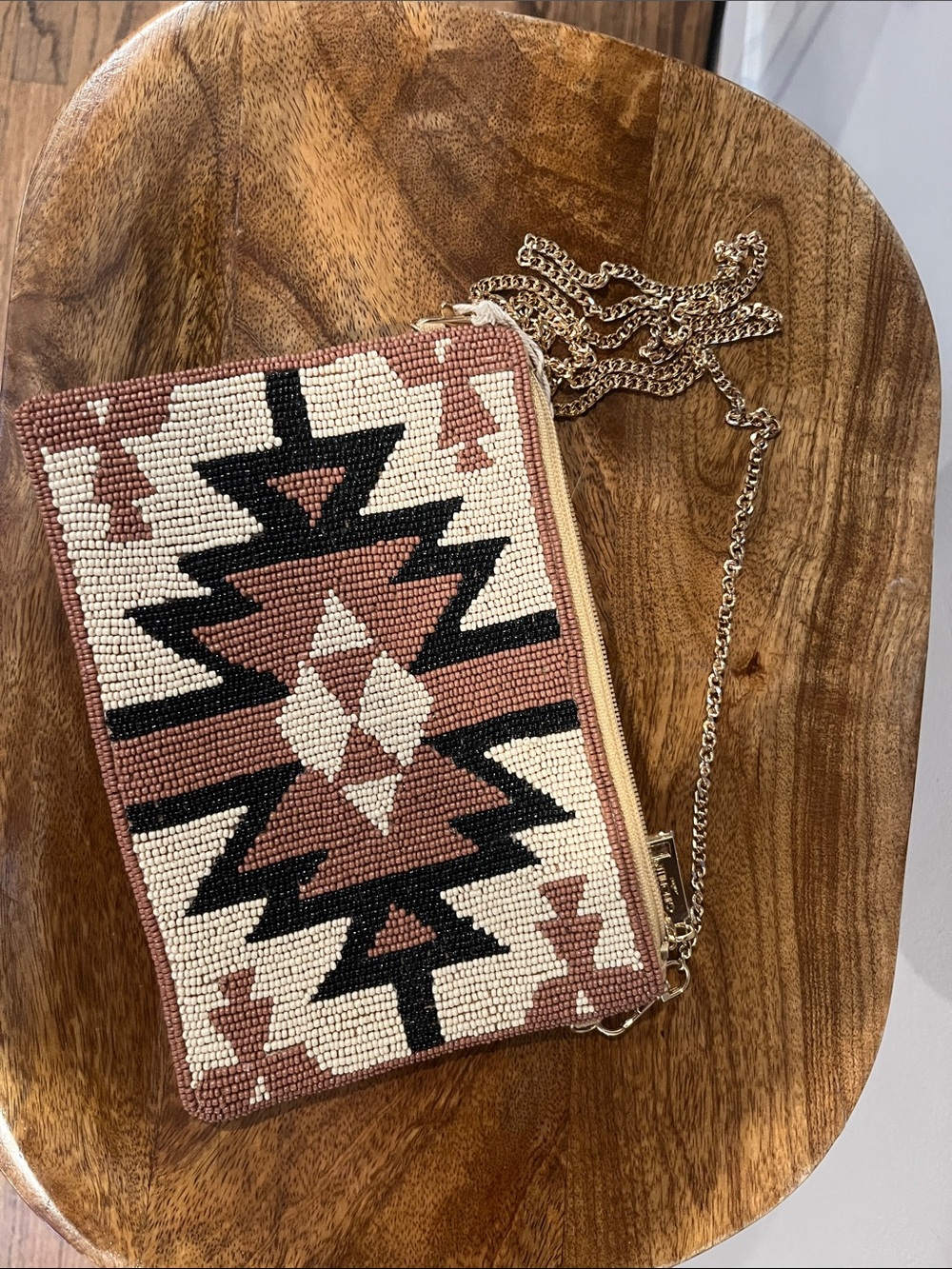Beaded Southwest-Pattern Crossbody Bag in Cream, Black & Brown